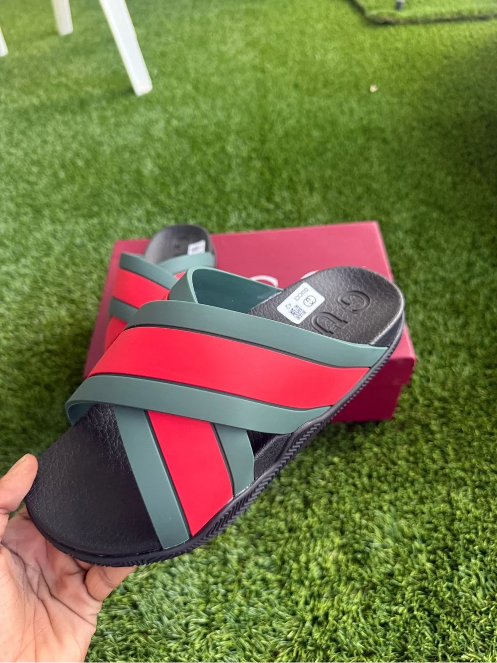 Gucci Men’s Red and Green Cross-Strap Slide Sandals